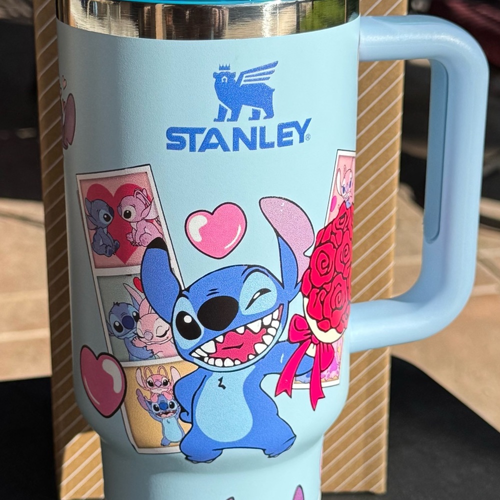 Stanley Light Blue Stitch Mug with Pink and Red Accents